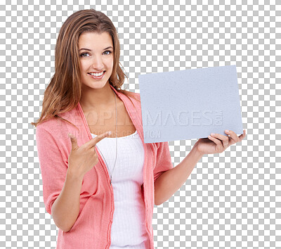 Buy stock photo Poster mockup, portrait and woman pointing isolated on transparent, png background for career news or information. Face of model or creative person advertising, mock up space or project presentation