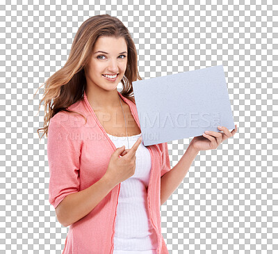 Buy stock photo Poster space, portrait and woman pointing isolated on transparent, png background for career news, mockup or information. Face of model or creative person advertising, mock up or project presentation