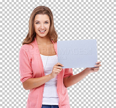 Buy stock photo Poster space, portrait and happy woman isolated on transparent, png background for career news, mockup or information. Face of model or creative person advertising, mock up or project presentation