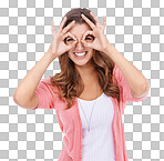 A young woman posing playfully with her fingers in circles in front of her eyes isolated on a png background