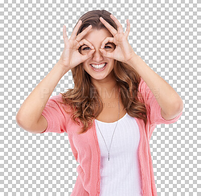 Buy stock photo Portrait, smile and finger glasses with a woman isolated on a transparent background for vision. Playful, happy or funny with an attractive young female person posing for comedy or humor on PNG