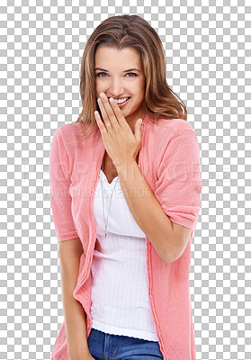 Buy stock photo Portrait, smile and comedy with a model woman isolated on a transparent background for fun or humor. Happy, funny or joke with an attractive young female person laughing at a comic or meme on PNG