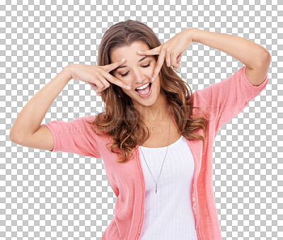 Buy stock photo Playful, happy and a woman with peace sign for a dance isolated on a transparent png background. Smile, positive fun and a young hippy girl with a gesture for dancing, happiness and confidence