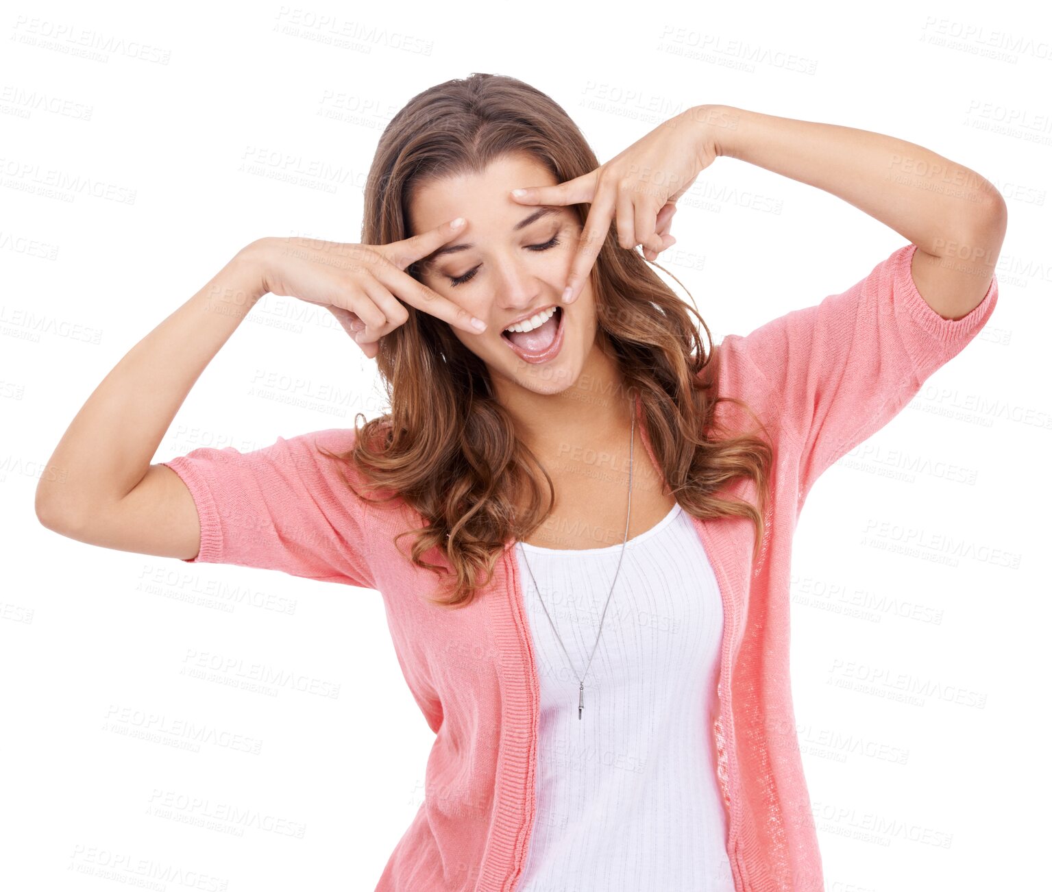 Buy stock photo Playful, happy and a woman with peace sign for a dance isolated on a transparent png background. Smile, positive fun and a young hippy girl with a gesture for dancing, happiness and confidence