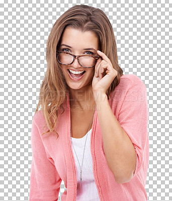 Buy stock photo Portrait, glasses and funny with a model woman isolated on a transparent background for fashion. Eyewear, happy or humor with an attractive young female person laughing at a joke or comedy on PNG