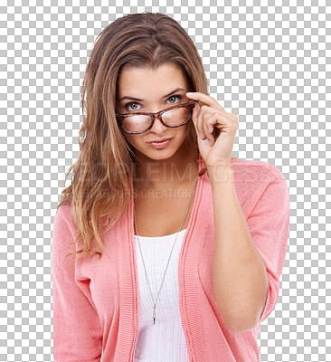 Buy stock photo Portrait, vision and glasses with a serious woman isolated on a transparent background for eyewear fashion. Face, focus or style with an attractive young female customer at the optometrist on PNG