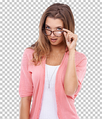 Buy stock photo Portrait, fashion and glasses with a model woman isolated on a transparent background for vision. Eyewear,  style or prescription frame lenses with an attractive young female person posing on PNG