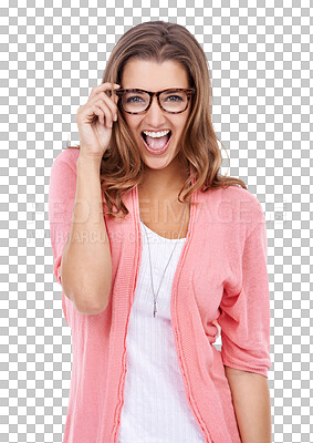 Buy stock photo Isolated young woman, glasses and portrait for vision, eye care and frame by transparent png background. Excited girl, university student or model for fashion, designer eyewear or wellness for beauty