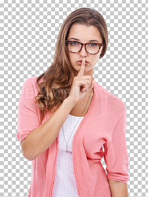 Buy stock photo Isolated woman, secret and finger on lips in portrait for vision, gossip story and transparent png background. Girl, young university student and model with fashion, ideas and stop noise with beauty