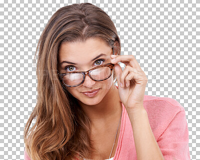 Buy stock photo Face, portrait of a woman with her glasses and isolated against a transparent png background for eye care. Healthcare or protection of eyes, health wellness and female person with sunglasses 