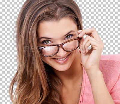 Buy stock photo Glasses, looking and woman in portrait isolated on transparent, png background for optometry, eyes and frame choice. Face, vision check and young, confident person or model with eye care promotion