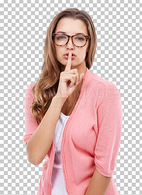 Buy stock photo Isolated woman, secret and finger on mouth in portrait for vision, gossip story or transparent png background. Girl, university student and model with confidential idea, stop noise or sign for beauty