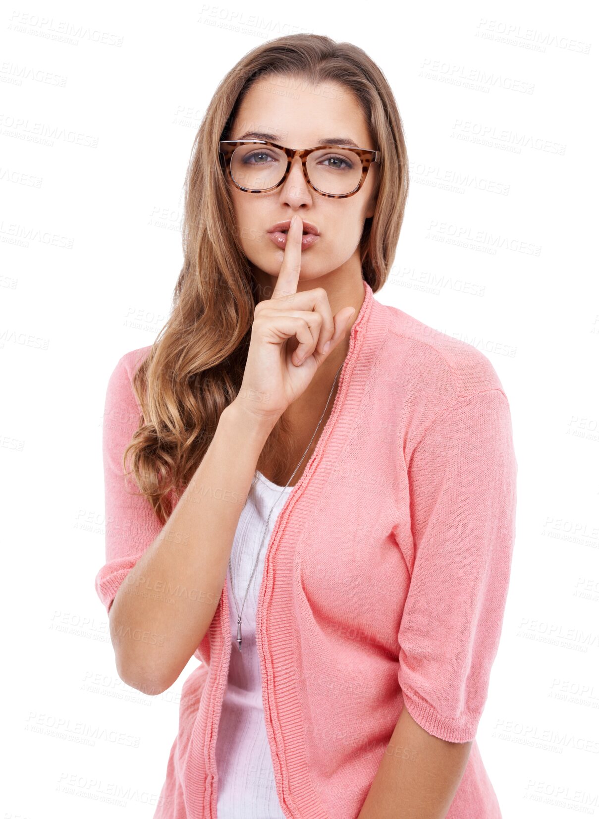 Buy stock photo Isolated woman, secret and finger on mouth in portrait for vision, gossip story or transparent png background. Girl, university student and model with confidential idea, stop noise or sign for beauty