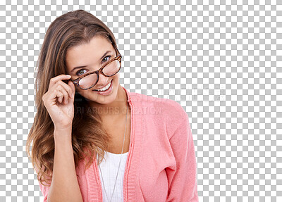 Buy stock photo Portrait, glasses and optometry with a woman isolated on a transparent background for eyewear. Face, vision and eyesight with an attractive young female customer at the optometrist or optician on PNG