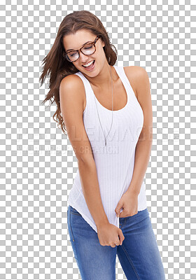 Buy stock photo Happy, fashion and a thinking woman with glasses isolated on a transparent png background. Smile, fun and a playful young girl with eyewear and summer clothes with ideas and confidence while laughing