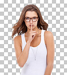 Studio shot of an attractive woman gesturing the camera to be quiet isolated on a png background