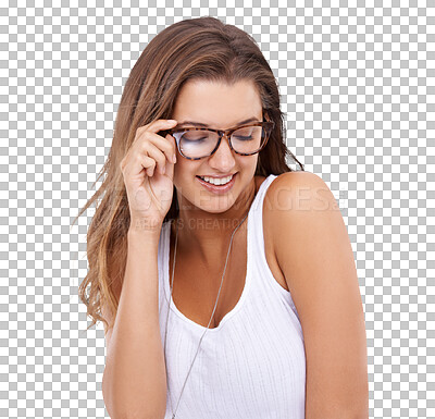 Buy stock photo Fashion, glasses and smile of woman isolated on transparent png background. Frame, eyewear model or happy, young and confident person with stylish, trendy or cool designer brand spectacles for vision