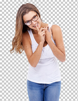 Buy stock photo Finger on lips, quiet and glasses on a woman isolated on a transparent, png background for secret. Happy young female model person from Canada with a fashion frame for vision or eye care and style