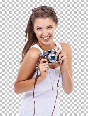 Buy stock photo Young woman, camera and happy photographer isolated on a transparent, png background for picture. Female model person from Canada with photography gear for creativity and shooting for hobby or career