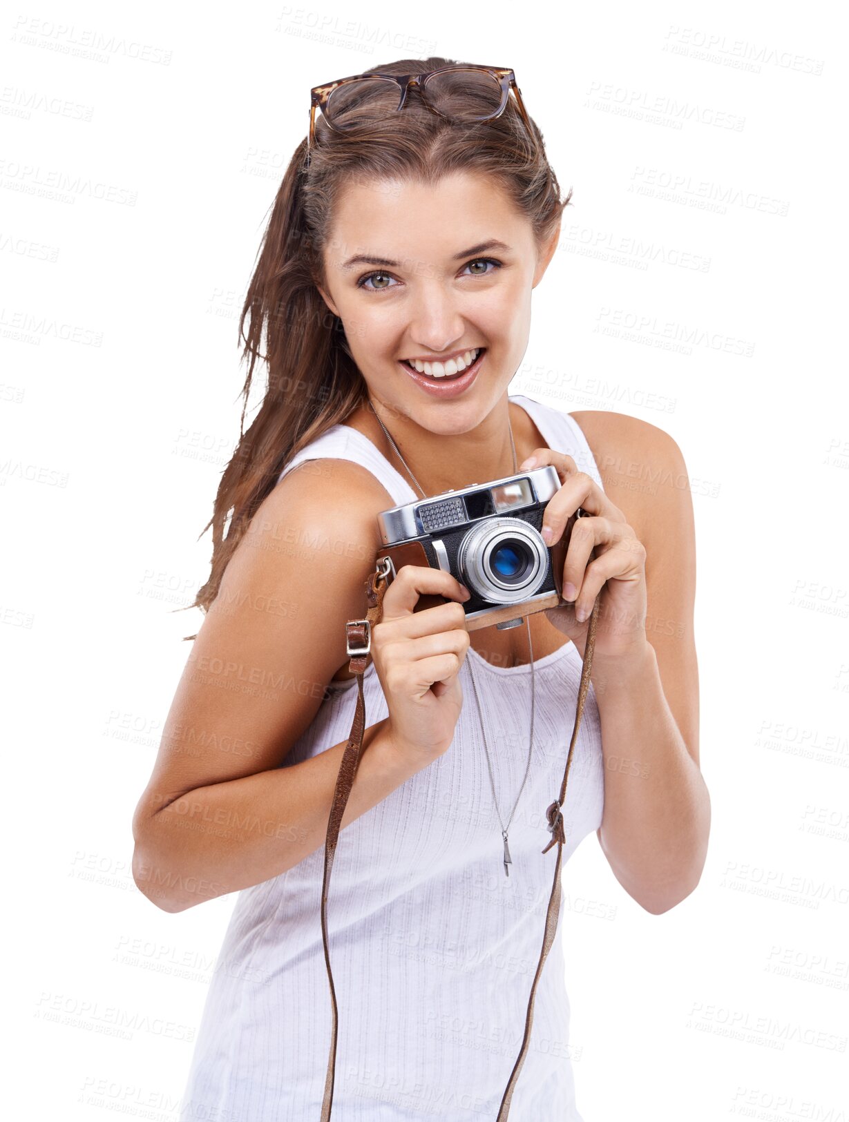 Buy stock photo Young woman, camera and happy photographer isolated on a transparent, png background for picture. Female model person from Canada with photography gear for creativity and shooting for hobby or career