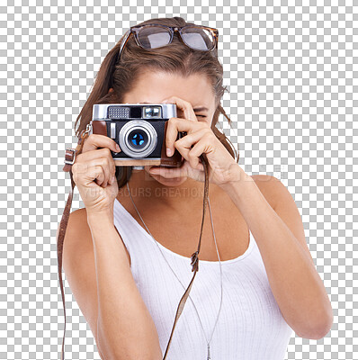 Buy stock photo Woman, camera lens and photographer face for a picture isolated on a transparent, png background. Female model person from with photography button for creativity and shooting for hobby or career