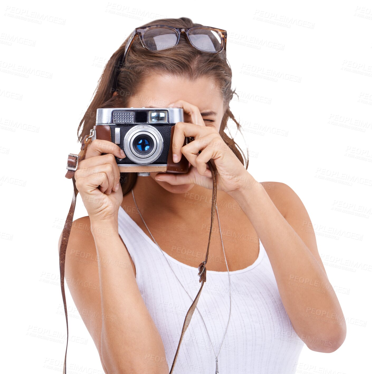 Buy stock photo Woman, camera lens and photographer face for a picture isolated on a transparent, png background. Female model person from with photography button for creativity and shooting for hobby or career