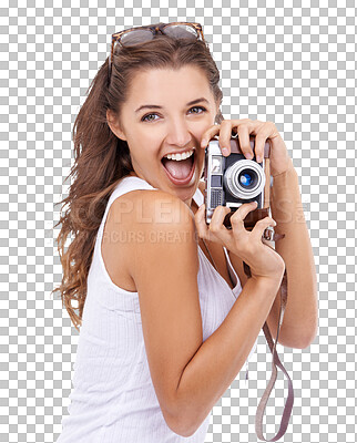 Buy stock photo Camera, woman or excited and happy photographer isolated on a transparent, png background for picture. Female model person with photography gear for creativity and shooting for hobby, fun or career