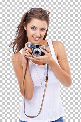 Buy stock photo Camera, young woman or happy photographer isolated on a transparent, png background for picture. Portrait of a person from Canada with photography gear for creativity and shooting for hobby or career