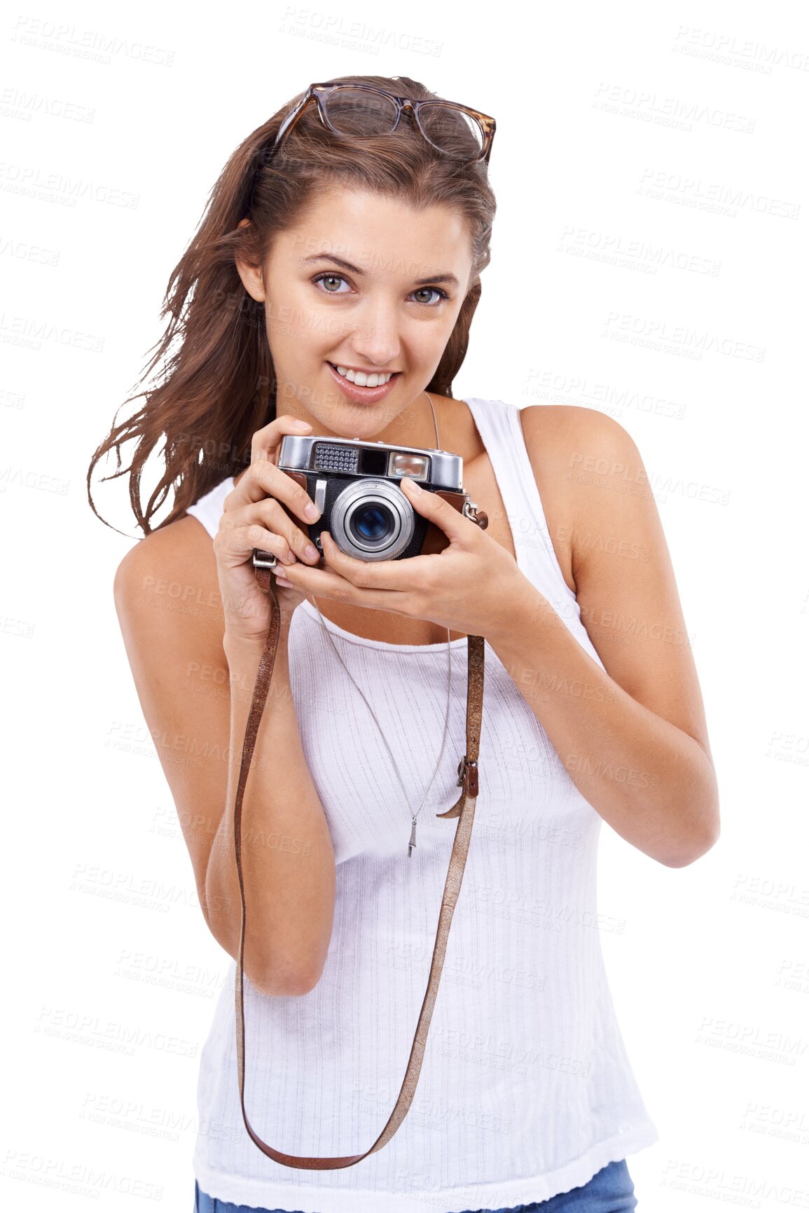 Buy stock photo Camera, young woman or happy photographer isolated on a transparent, png background for picture. Portrait of a person from Canada with photography gear for creativity and shooting for hobby or career