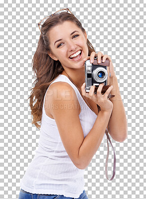 Buy stock photo Camera, excited and happy photographer woman isolated on a transparent, png background for picture. Female model person with photography gear for creativity and shooting for hobby, fun or career