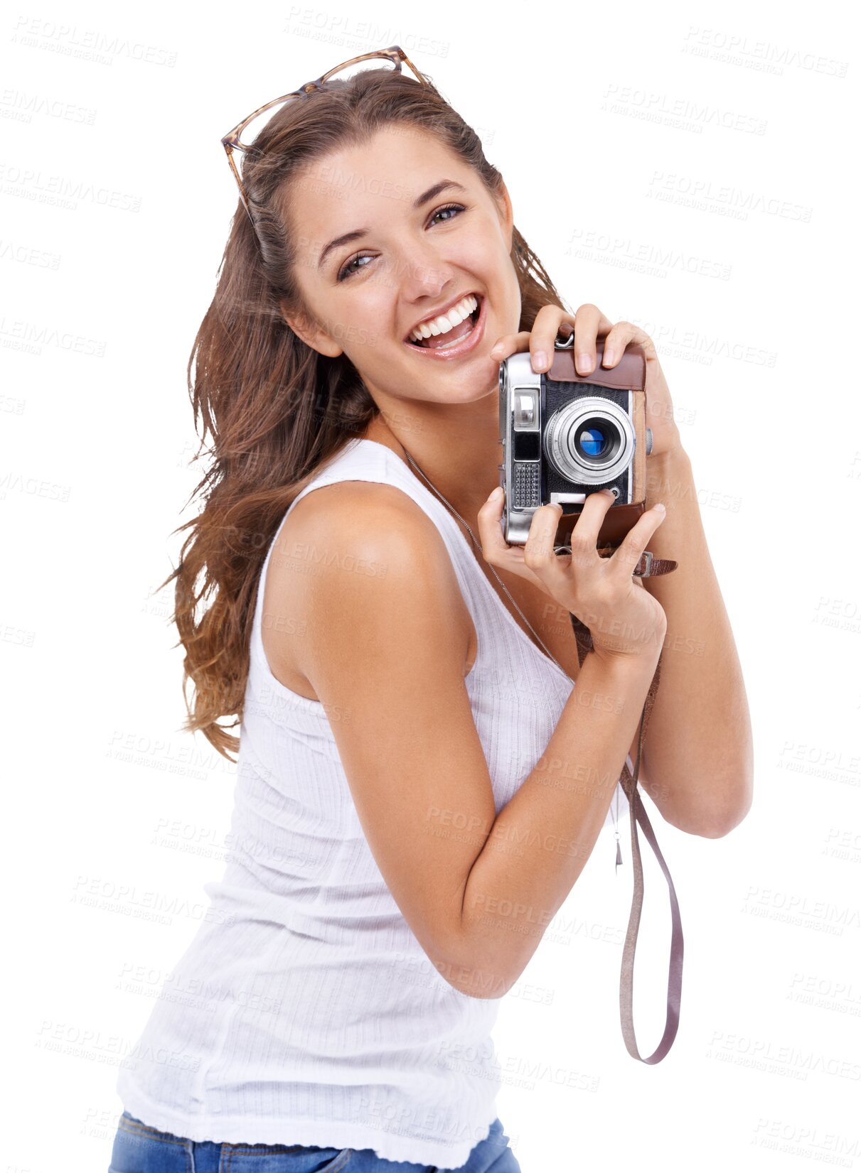 Buy stock photo Camera, excited and happy photographer woman isolated on a transparent, png background for picture. Female model person with photography gear for creativity and shooting for hobby, fun or career