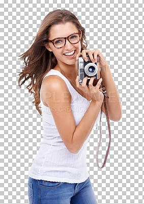 Buy stock photo Portrait, woman and photographer with a camera on isolated, transparent and png background. Girl, retro or vintage film lens for photography, photoshop picture or photoshoot for happy memory