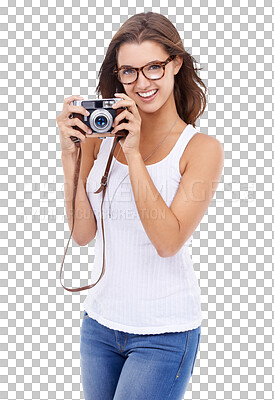 Buy stock photo Camera, happy and photographer woman isolated on transparent, png background for picture. Female model person with glasses, smile and photography gear for creativity and shooting for hobby or career