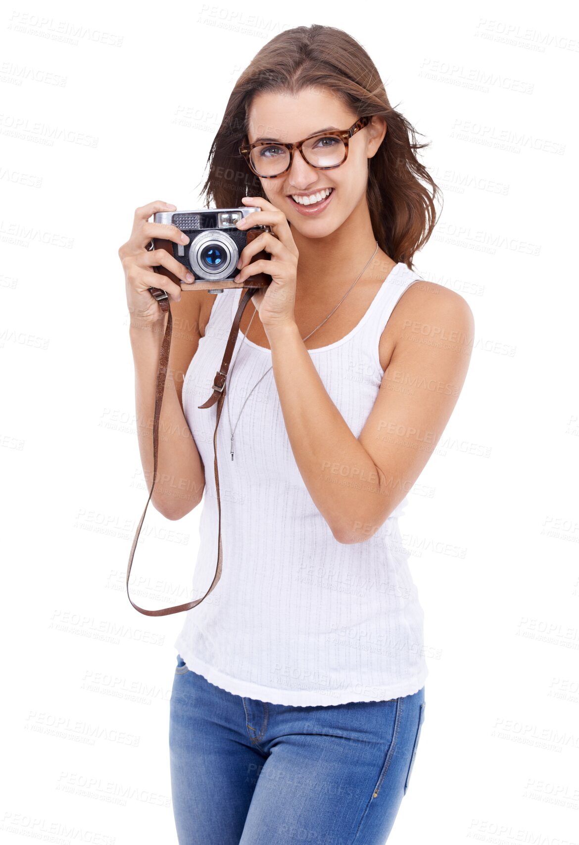 Buy stock photo Camera, happy and photographer woman isolated on transparent, png background for picture. Female model person with glasses, smile and photography gear for creativity and shooting for hobby or career