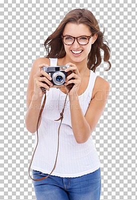 Buy stock photo Excited, happy and photographer woman with camera isolated on a transparent, png background for picture. Model person with photography gear and glasses for creativity and shooting for hobby or career