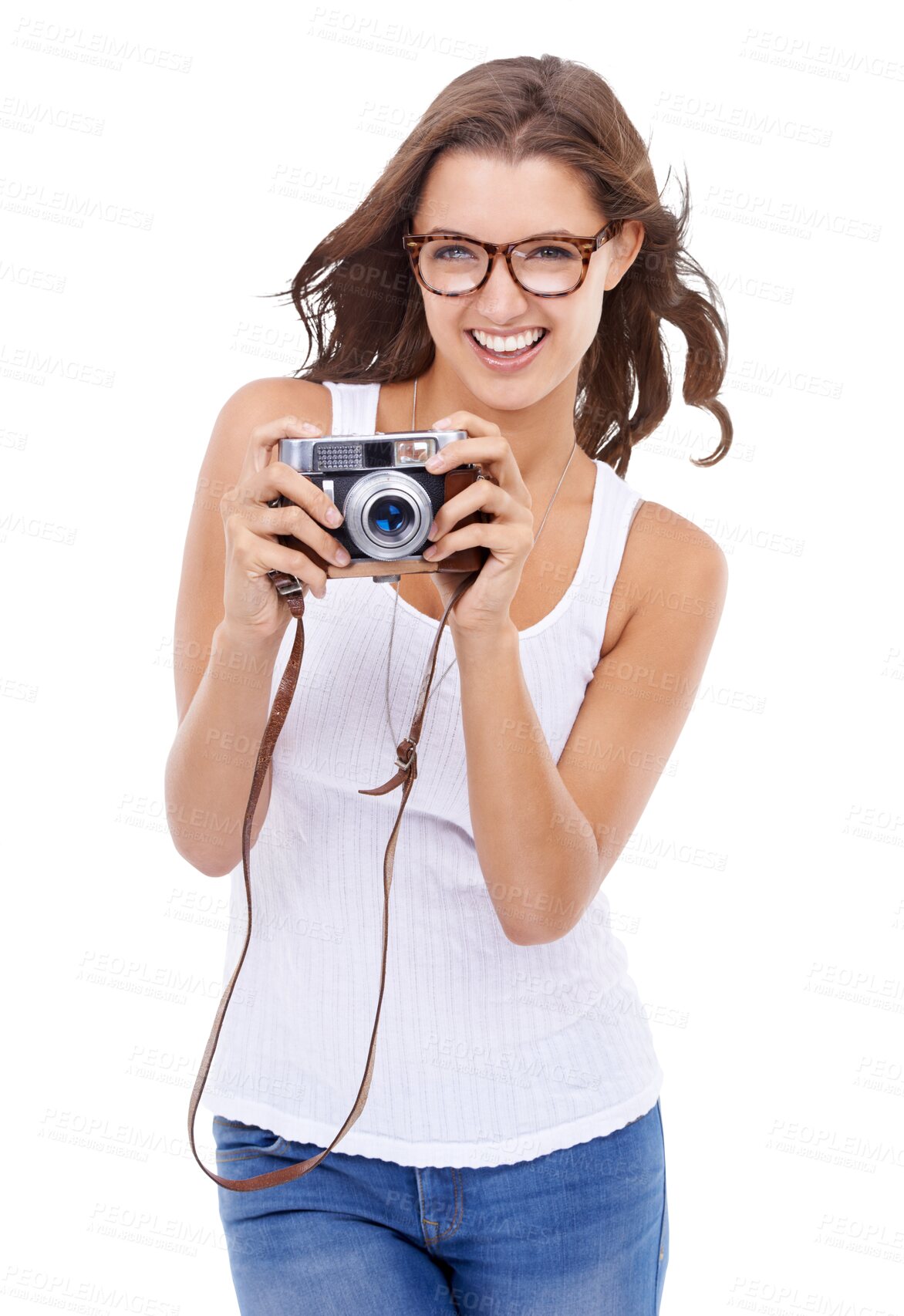 Buy stock photo Excited, happy and photographer woman with camera isolated on a transparent, png background for picture. Model person with photography gear and glasses for creativity and shooting for hobby or career