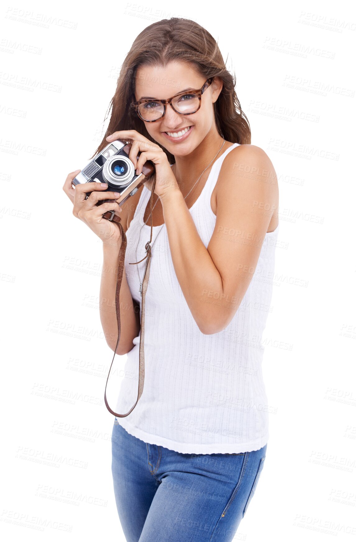Buy stock photo Camera, woman and happy photographer isolated on a transparent, png background for picture. Female model person with glasses and photography gear for creativity and shooting for hobby, fun or career
