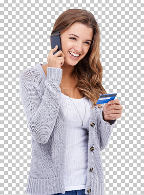 Buy stock photo Isolated woman, credit card and phone call with smile, discount or talking by transparent png background. Girl, smartphone and contact customer care for e commerce, sale or fintech for retail service