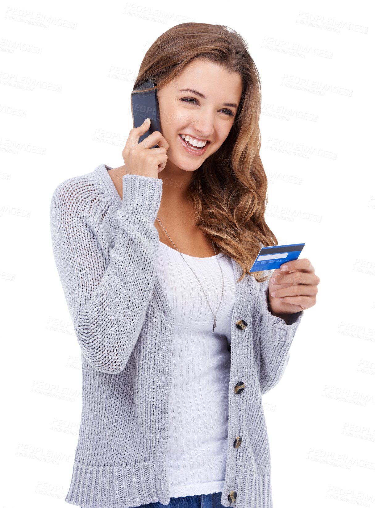 Buy stock photo Isolated woman, credit card and phone call with smile, discount or talking by transparent png background. Girl, smartphone and contact customer care for e commerce, sale or fintech for retail service