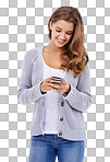 Attractive young woman looking at her cellphone on isolated on a png background