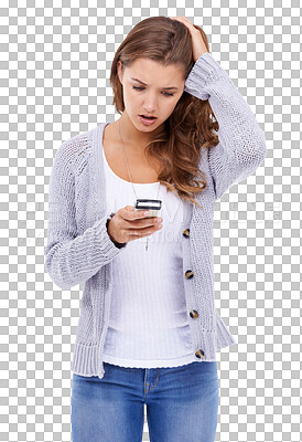 Buy stock photo Phone, problem and surprise of woman isolated on a transparent png background. Smartphone, crisis and person reading fake news on social media, email or scam, spam and error, glitch and shocked emoji