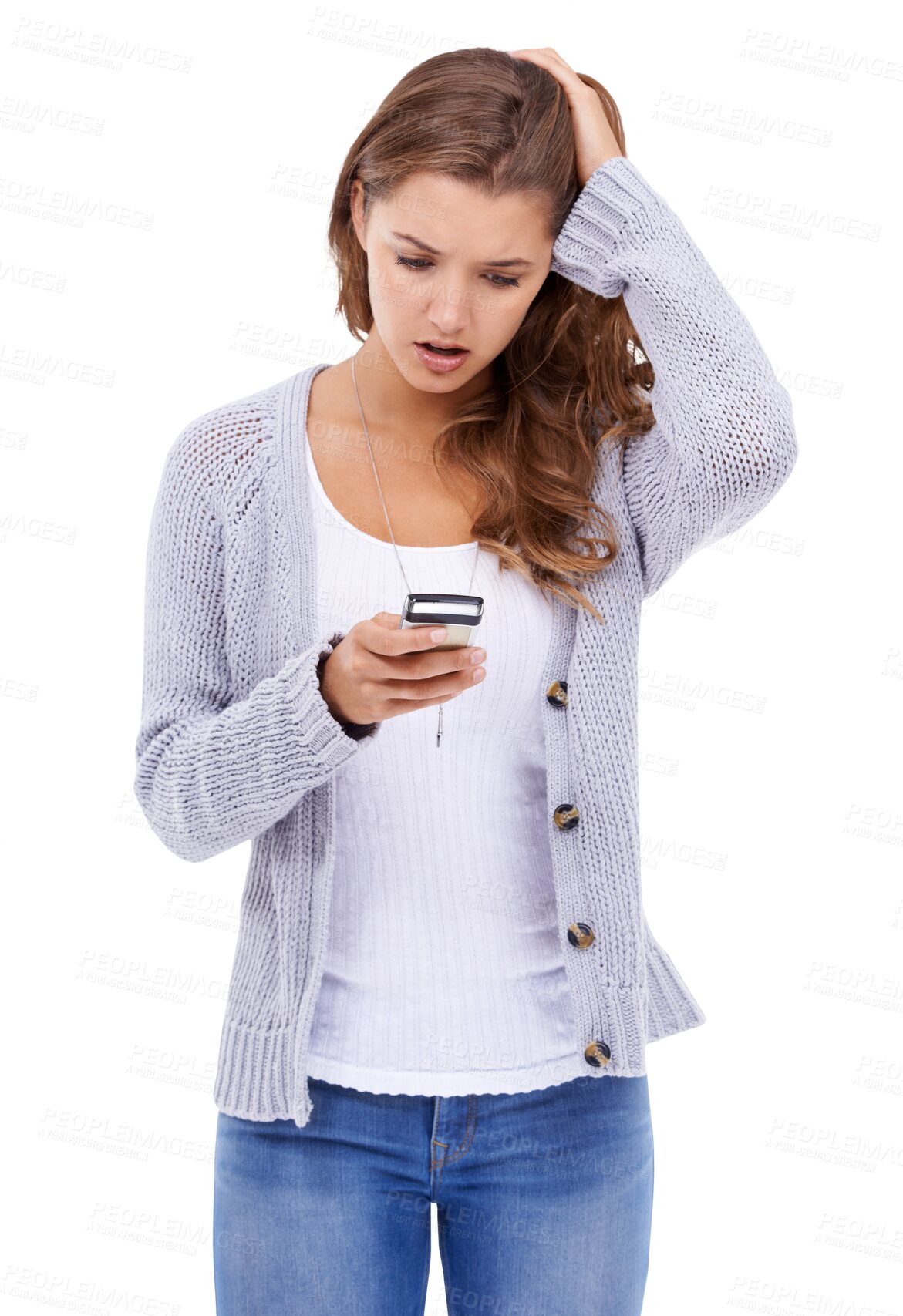 Buy stock photo Phone, problem and surprise of woman isolated on a transparent png background. Smartphone, crisis and person reading fake news on social media, email or scam, spam and error, glitch and shocked emoji