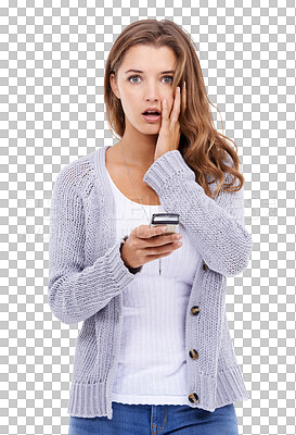 Buy stock photo Shocked portrait, confused and phone of woman isolated on transparent png background for fake news, wrong email or mistake. Person or mobile user with surprise, fear and stress for problem or error