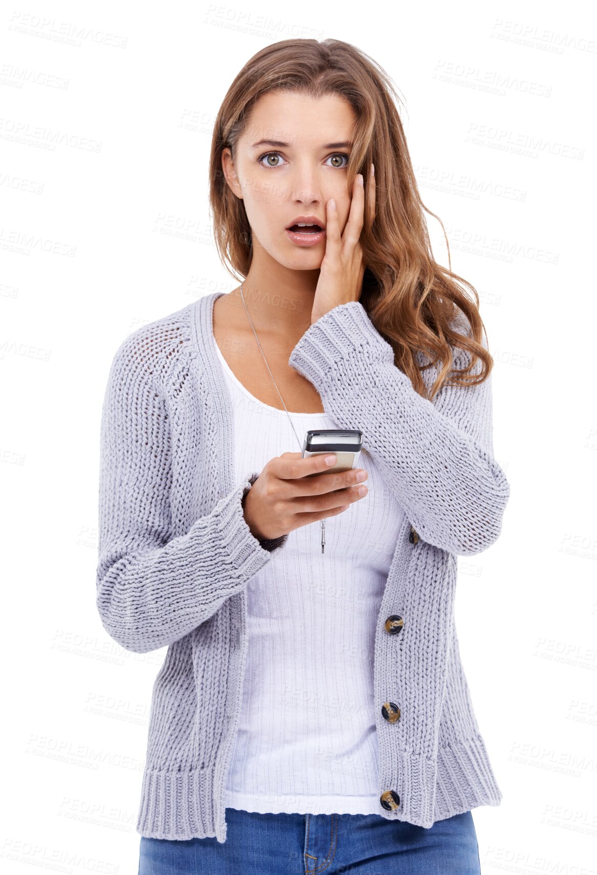 Buy stock photo Shocked portrait, confused and phone of woman isolated on transparent png background for fake news, wrong email or mistake. Person or mobile user with surprise, fear and stress for problem or error