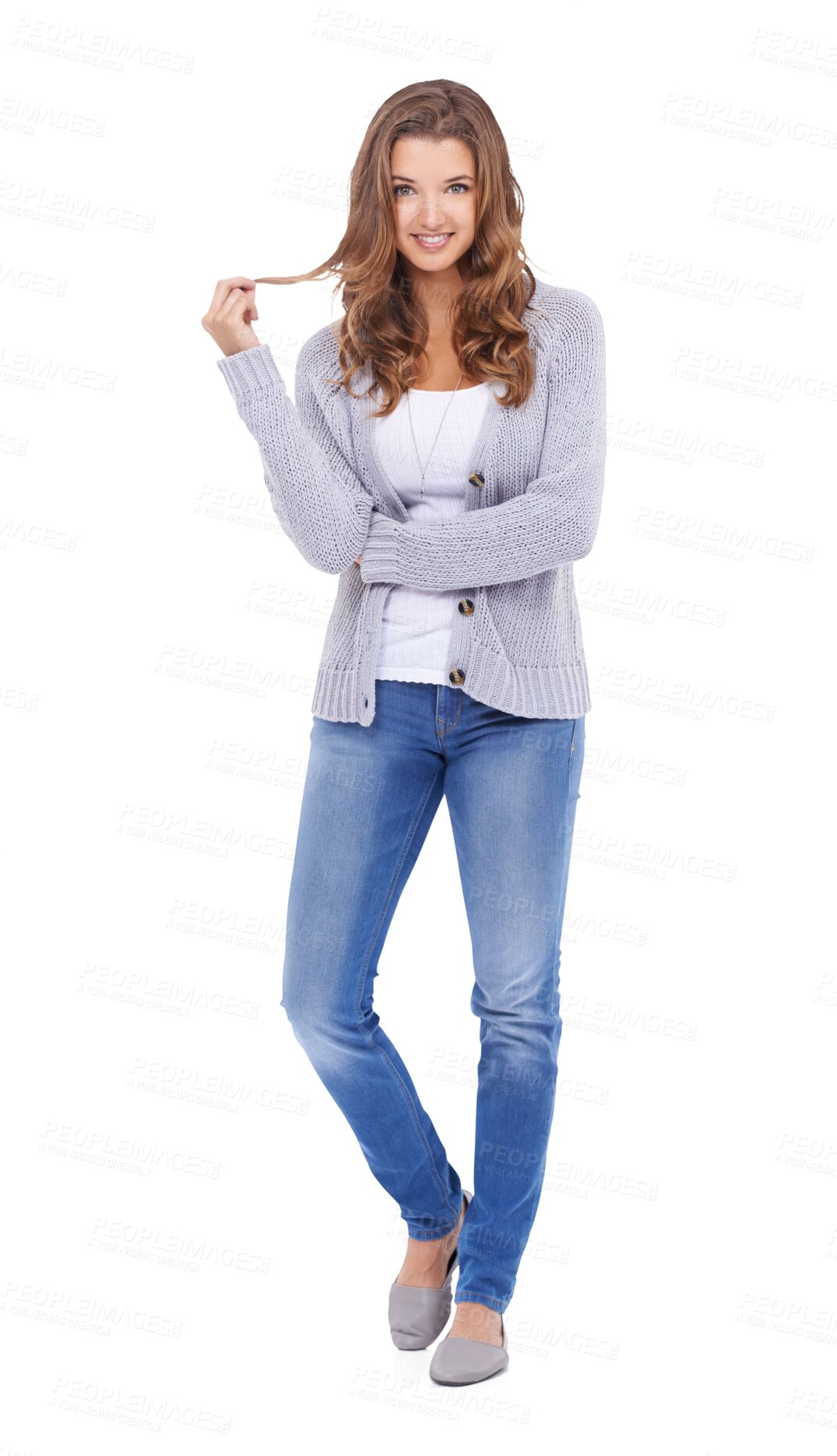 Buy stock photo Portrait, fashion and PNG with a woman isolated on a transparent background for trendy style. Happy, smile and lifestyle with an attractive young female person posing in contemporary winter clothes