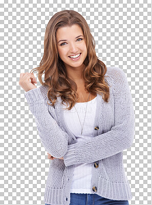 Buy stock photo Flirty, fun and portrait of a beautiful woman isolated on a transparent png background playing with hair. Smile, young and a girl with happiness, confidence and fashion clothes for style and model