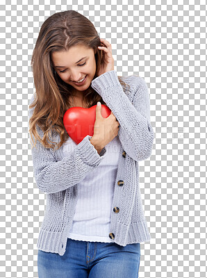 Buy stock photo Isolated woman, heart toys and happy hug for valentines day, romantic gift or love by transparent png background. Girl, icon or happiness with sign, care and emoji for holiday, present and romance