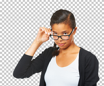 Buy stock photo Glasses, looking and woman in portrait isolated on transparent, png background for study, college or education. Face, vision check and young, confident latino person or student for eye care promotion