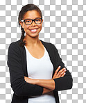 Girl, student and studio portrait with arms crossed with smile, focus and success. Young black woman, glasses and isolated for education, learning and development for future goal isolated on a png background