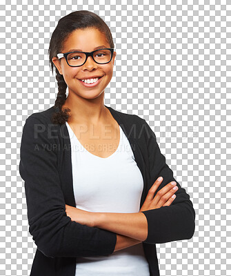 Buy stock photo Girl, student and portrait with arms crossed and smile, happiness and focus on education or goals. Black woman, glasses and teenager excited for future on isolated, transparent or png background